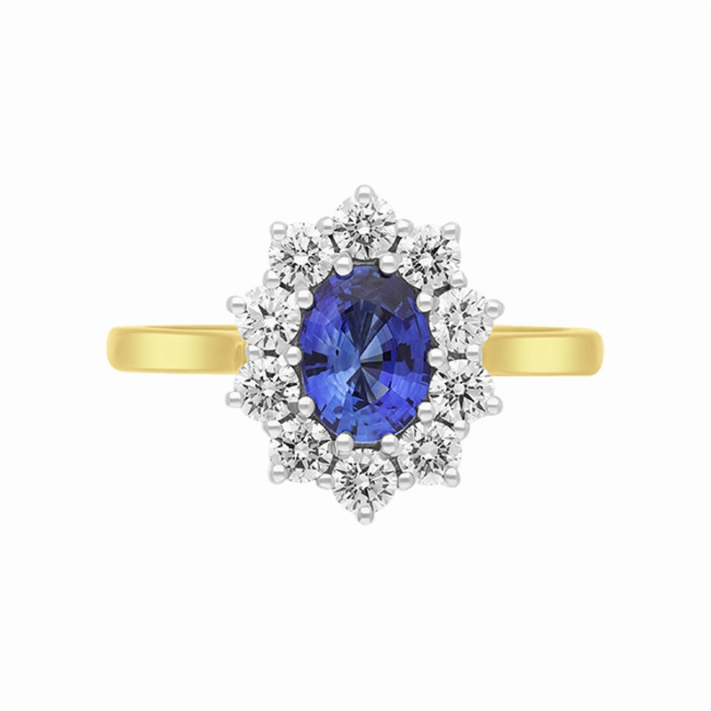 18ct Yellow Gold 0.92ct Sapphire 0.62ct Diamond Halo Ring