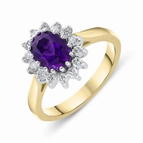 18ct Yellow Gold 1.12ct Amethyst Diamond Oval Cluster Ring
