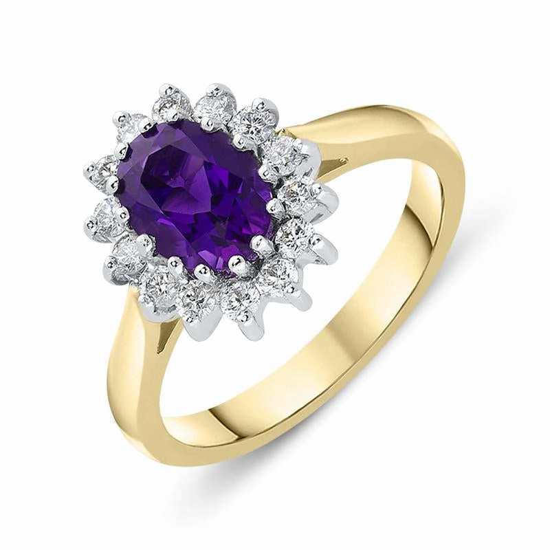 18ct Yellow Gold 1.12ct Amethyst Diamond Oval Cluster Ring