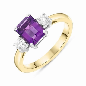 18ct Yellow Gold 1.39ct Amethyst 0.29ct Diamond Emerald Cut Ring
