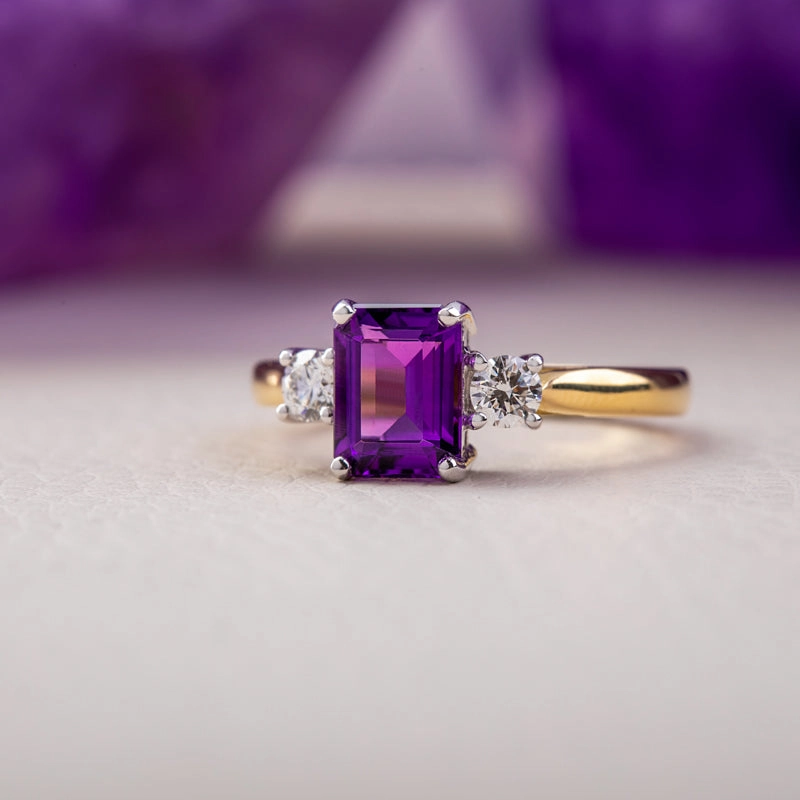 18ct Yellow Gold 1.39ct Amethyst 0.29ct Diamond Emerald Cut Ring