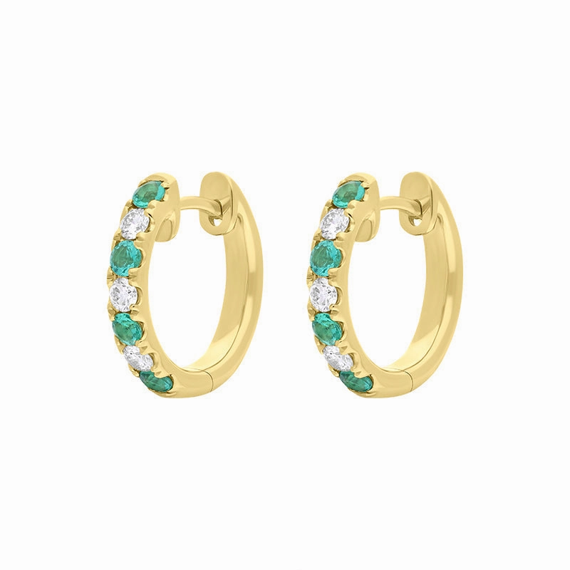18ct Yellow Gold Emerald Diamond 13.5mm Hoop Earrings