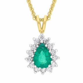18ct Yellow Gold Emerald Diamond Cluster Pear Cut Pendant Necklace