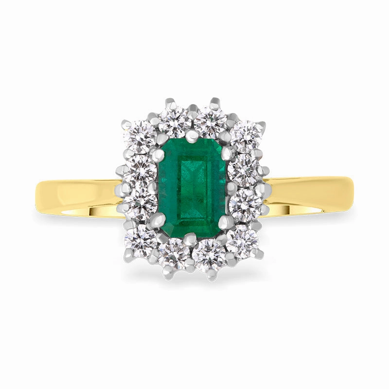 18ct Yellow Gold Emerald Diamond Emerald Cut Cluster Ring