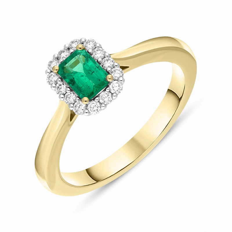 18ct Yellow Gold Emerald Diamond Emerald Cut Cluster Ring