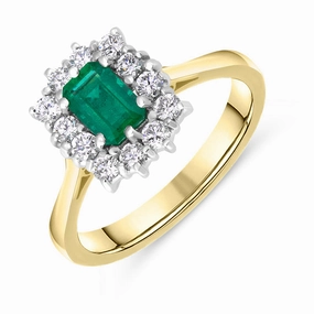 18ct Yellow Gold Emerald Diamond Emerald Cut Cluster Ring