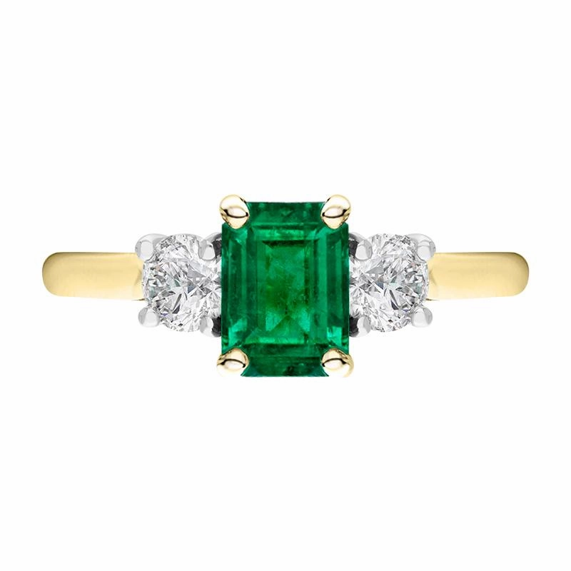 18ct Yellow Gold Emerald Diamond Emerald Cut Three Stone Ring