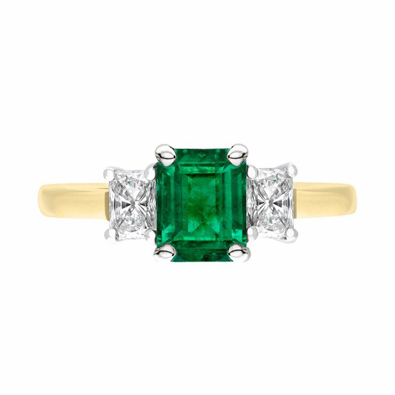 18ct Yellow Gold Emerald Diamond Emerald Cut Three Stone Ring