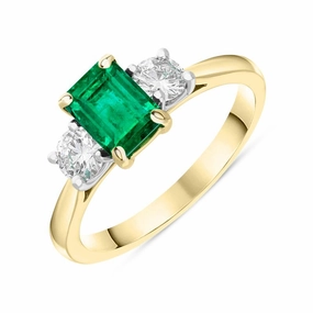 18ct Yellow Gold Emerald Diamond Emerald Cut Three Stone Ring