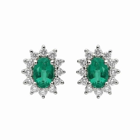18ct Yellow Gold Emerald Diamond Floral Cluster Stud Earrings