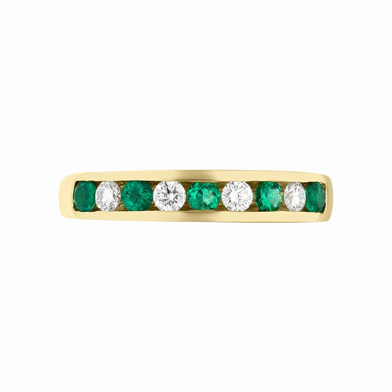 18ct Yellow Gold Emerald Diamond Nine Stone Channel Set Half Eternity Ring