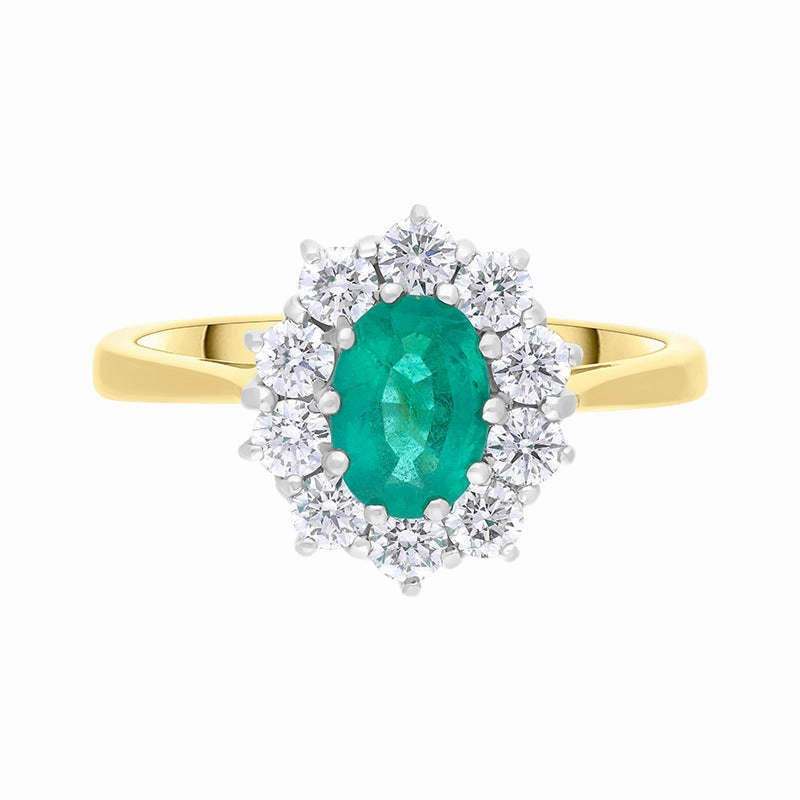 18ct Yellow Gold Emerald Diamond Oval Cut Cluster Ring