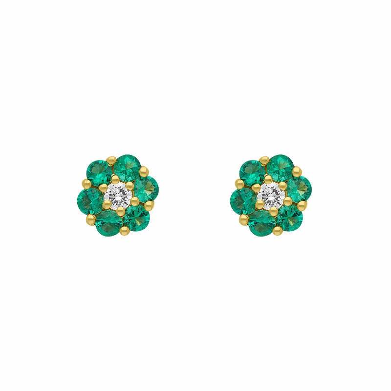 18ct Yellow Gold Emerald Diamond Round Cluster Flower Stud Earrings