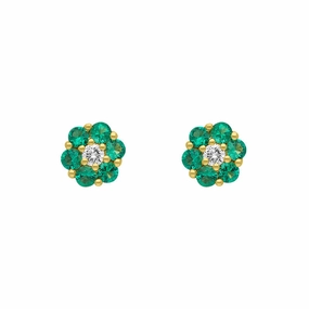 18ct Yellow Gold Emerald Diamond Round Cluster Flower Stud Earrings