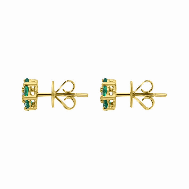 18ct Yellow Gold Emerald Diamond Round Cluster Flower Stud Earrings