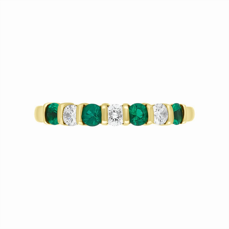 18ct Yellow Gold Emerald Diamond Seven Stone Bar Set Half Eternity Ring