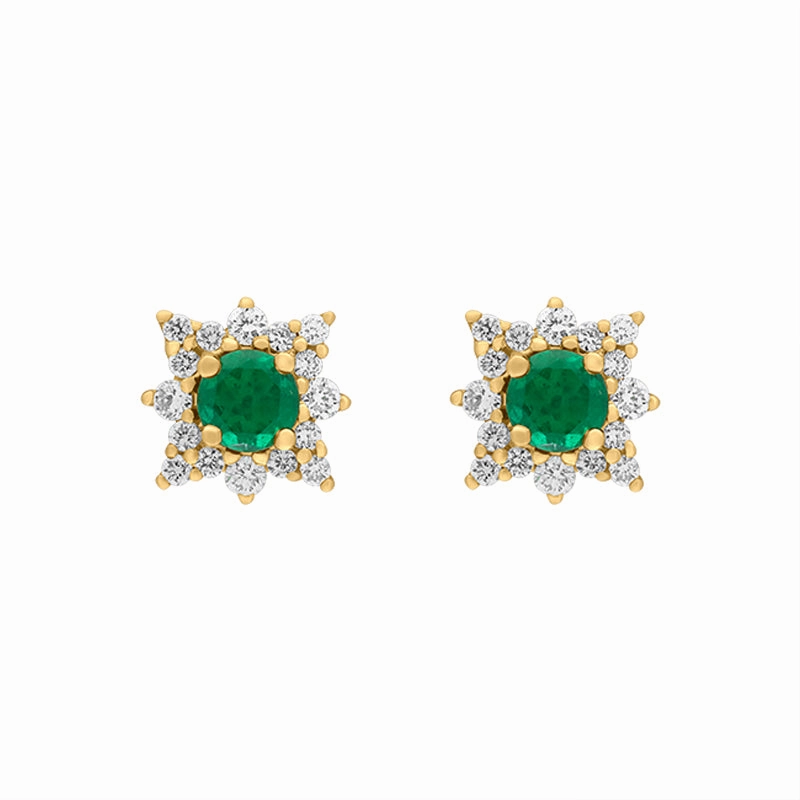 18ct Yellow Gold Emerald Diamond Star Cluster Stud Earrings