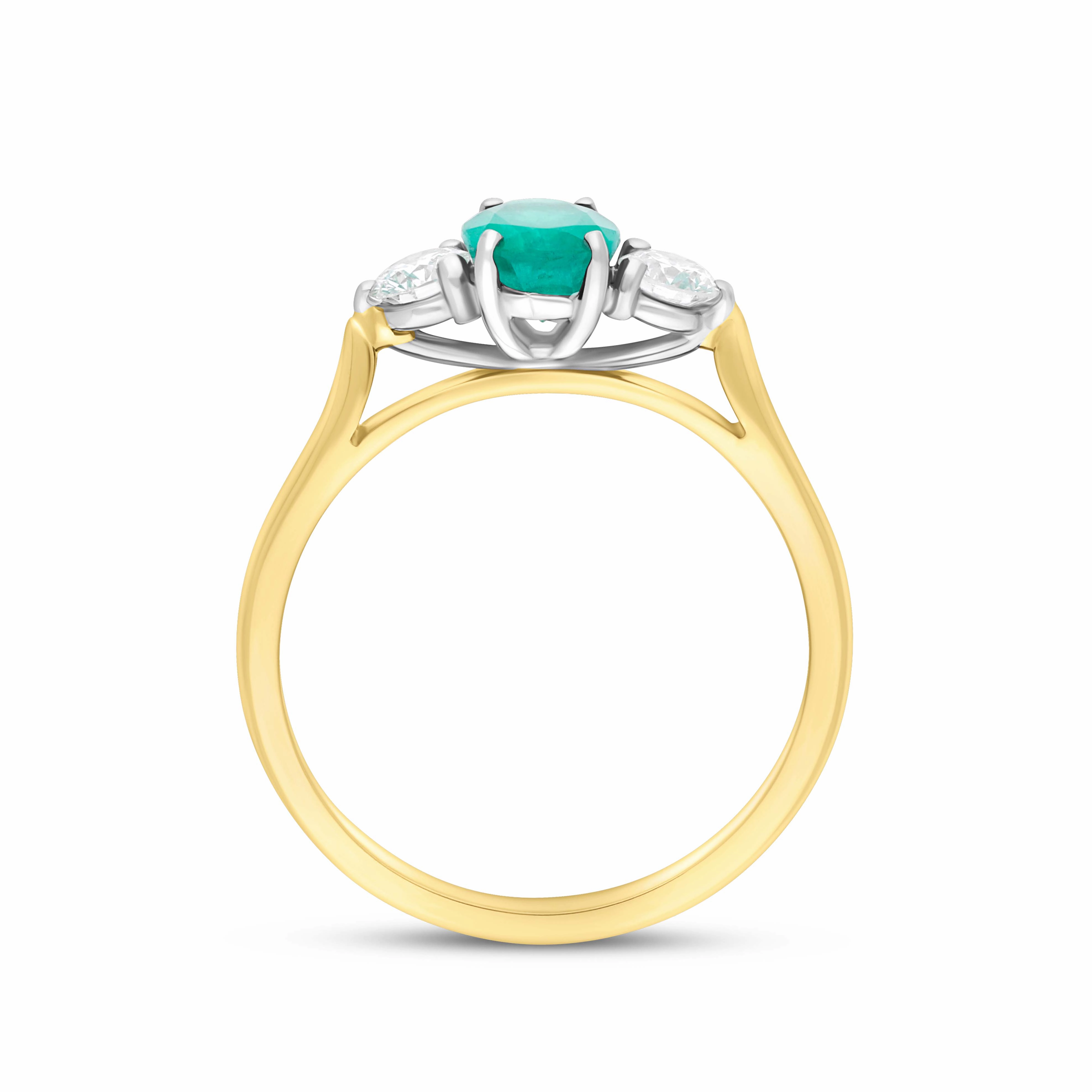18ct Yellow Gold Emerald Diamond Three Stone Ring