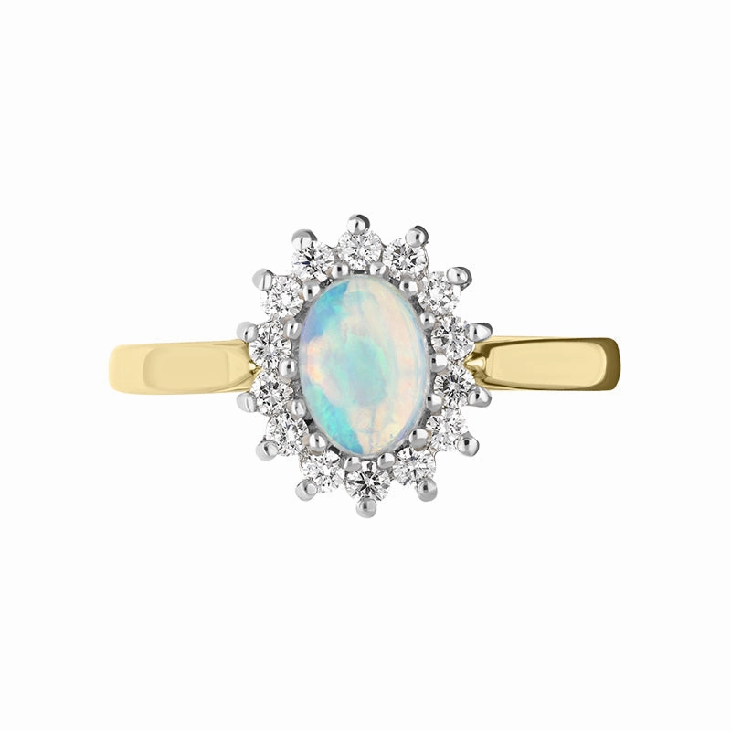 18ct Yellow Gold Opal Diamond Oval Cluster Ring