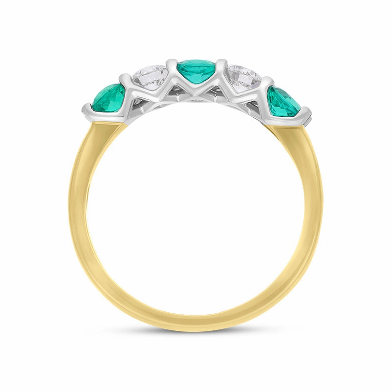 18ct Yellow Gold Platinum Emerald Diamond Five Stone Half Eternity Ring