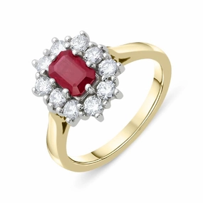 18ct Yellow Gold Ruby and Diamond Emerald Cut Cluster Ring