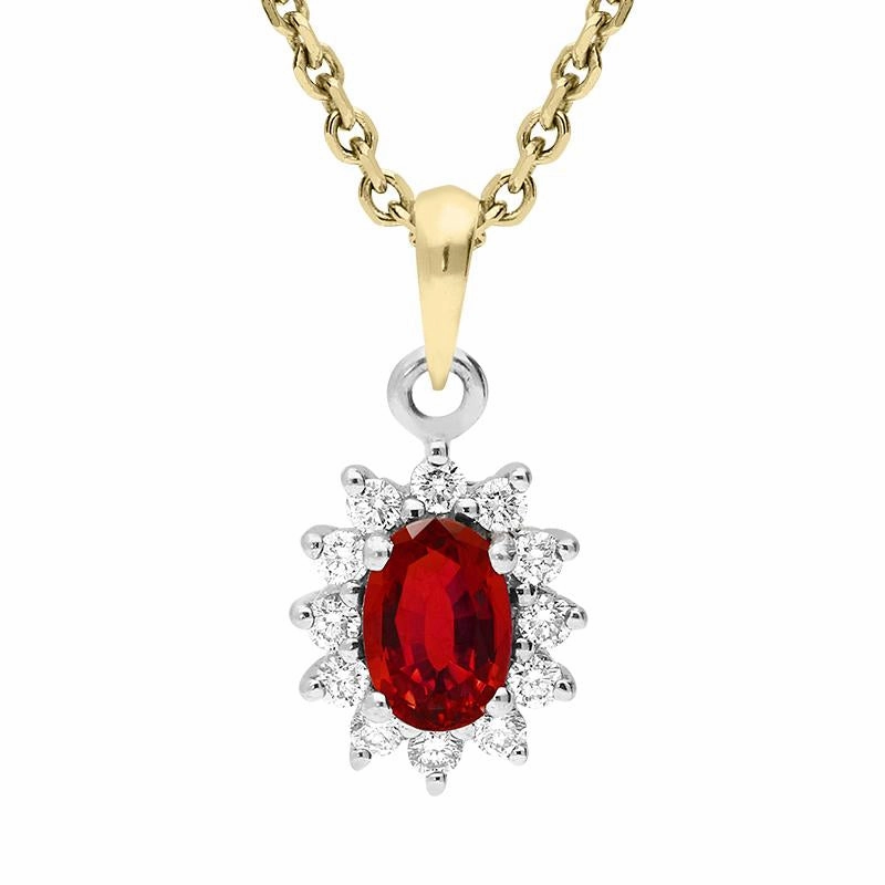 18ct Yellow Gold Ruby and Diamond Oval Cluster Necklace