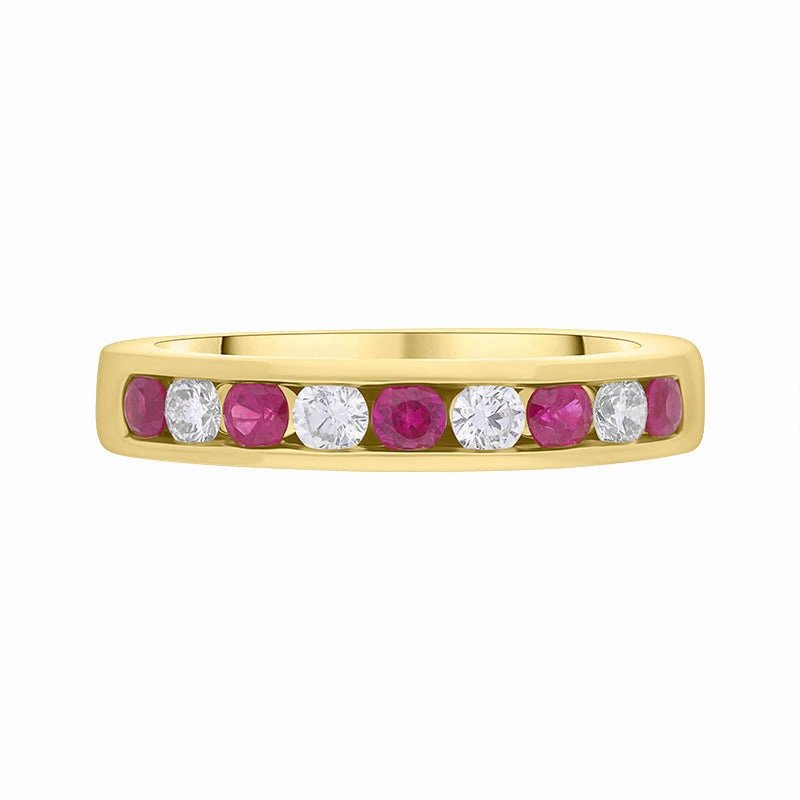18ct Yellow Gold Ruby Diamond Channel Set Half Eternity Ring