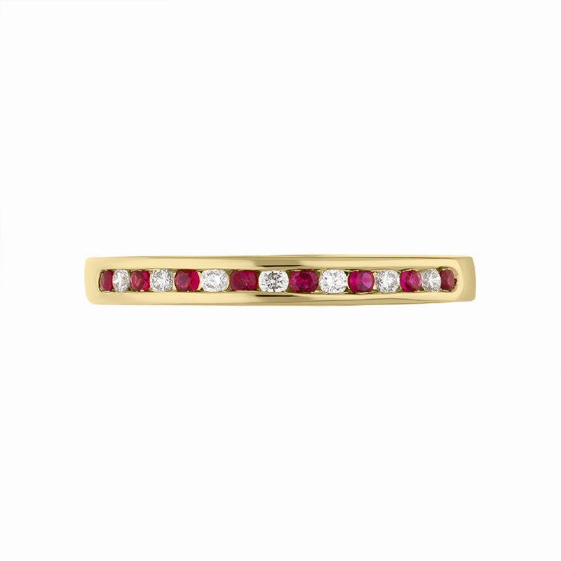 18ct Yellow Gold Ruby Diamond Channel Set Half Eternity Ring