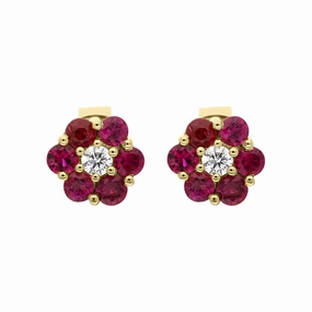 18ct Yellow Gold Ruby Diamond Cluster Earrings