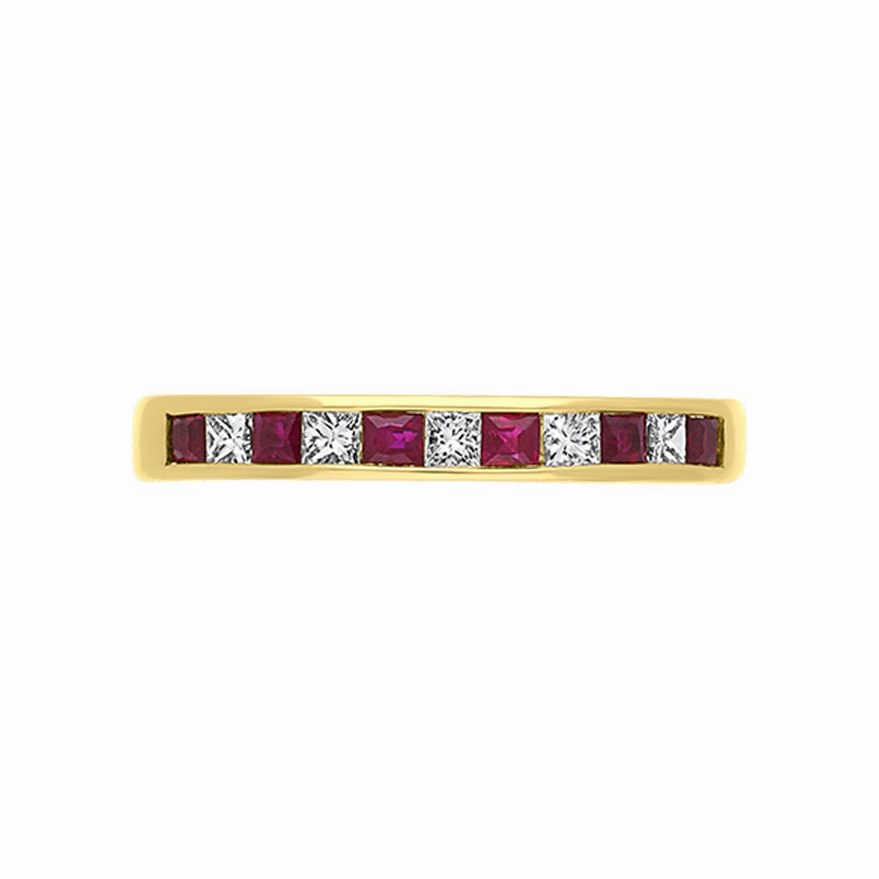 18ct Yellow Gold Ruby Diamond Eleven Stone Princess Cut Channel Set Ring