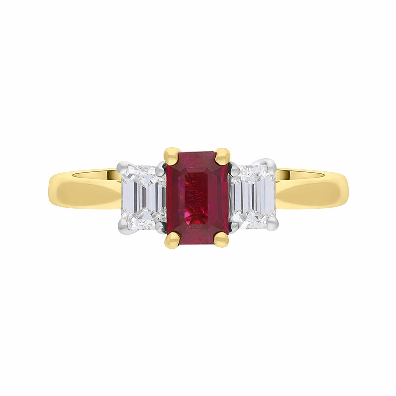 18ct Yellow Gold Ruby Diamond Emerald Cut Three Stone Ring
