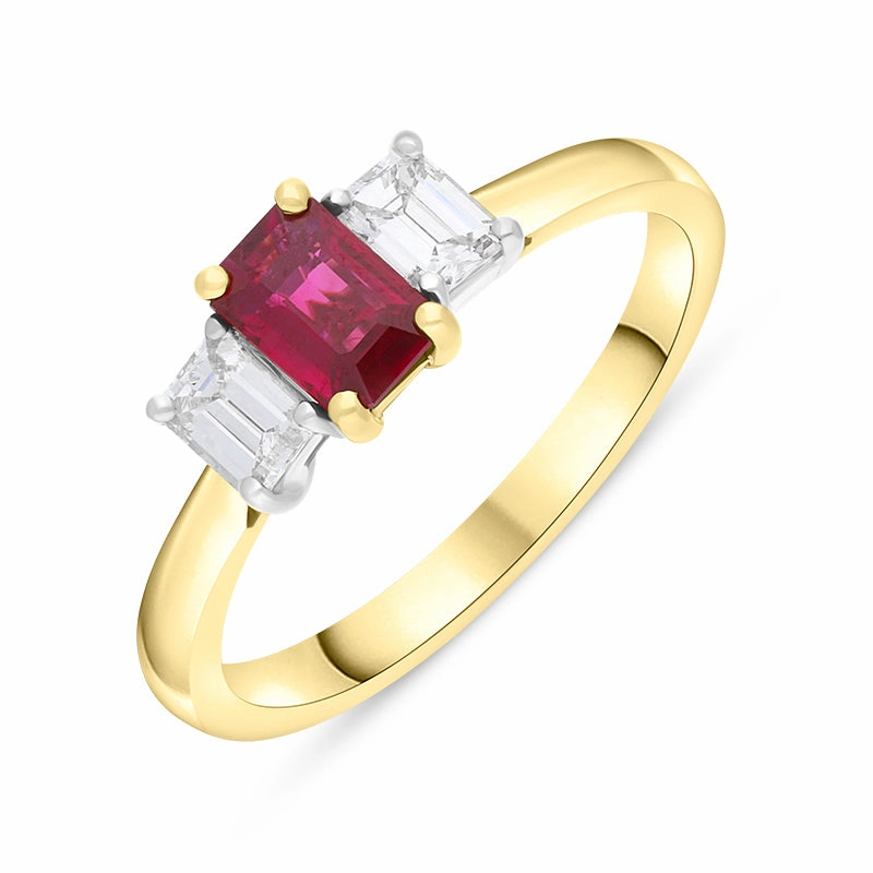 18ct Yellow Gold Ruby Diamond Emerald Cut Three Stone Ring