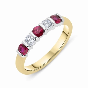 18ct Yellow Gold Ruby Diamond Five Stone Bar Set Ring