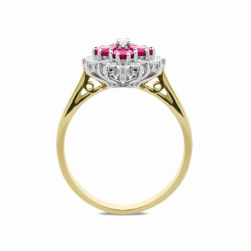 18ct Yellow Gold Ruby Diamond Floral Cluster Ring
