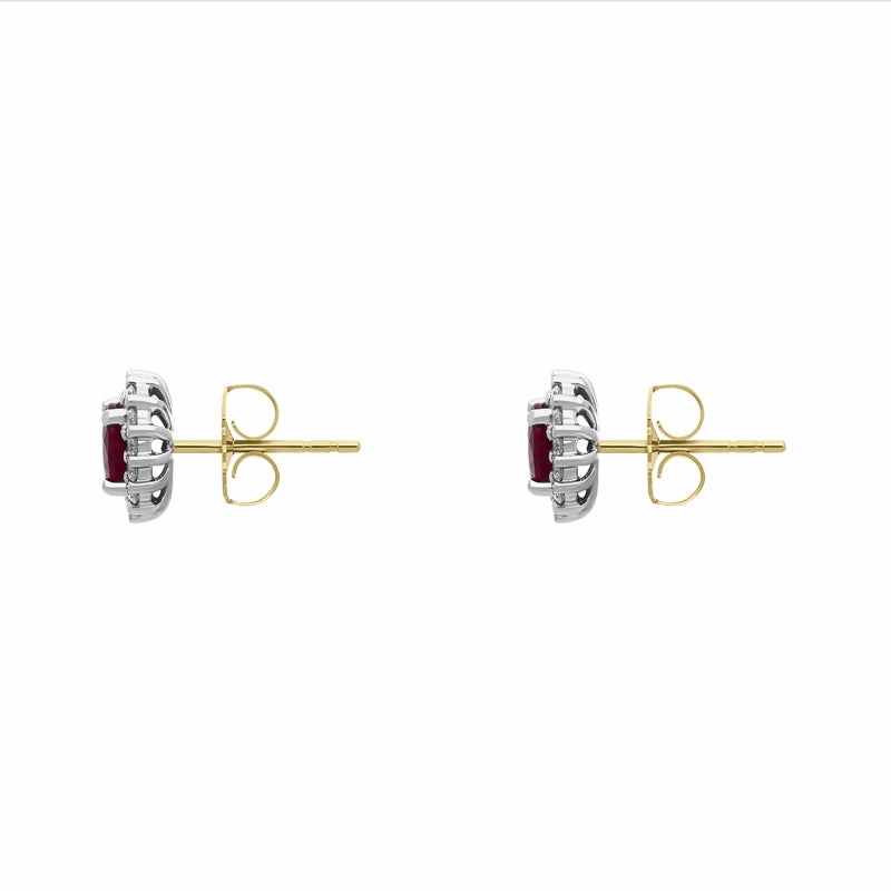 18ct Yellow Gold Ruby Diamond Oval Cluster Stud Earrings