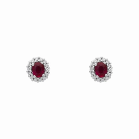 18ct Yellow Gold Ruby Diamond Oval Cluster Stud Earrings