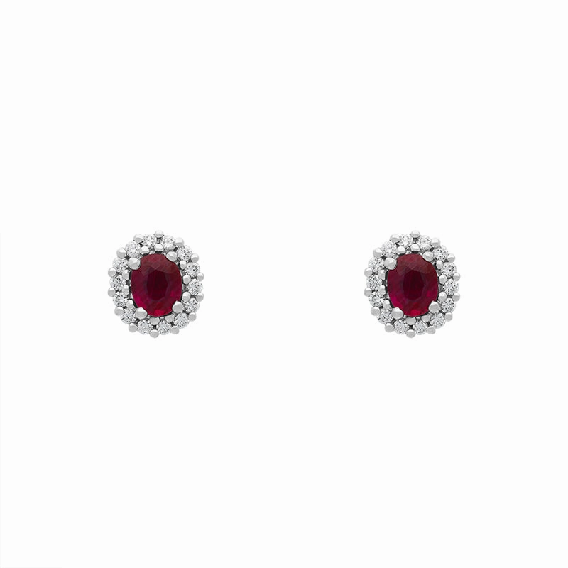 18ct Yellow Gold Ruby Diamond Oval Cluster Stud Earrings