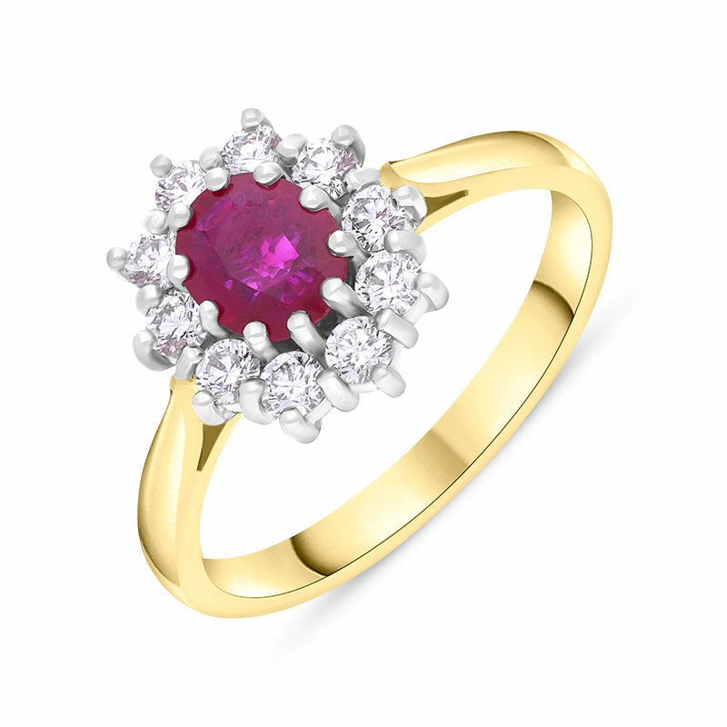 18ct Yellow Gold Ruby Diamond Oval Cut Cluster Ring