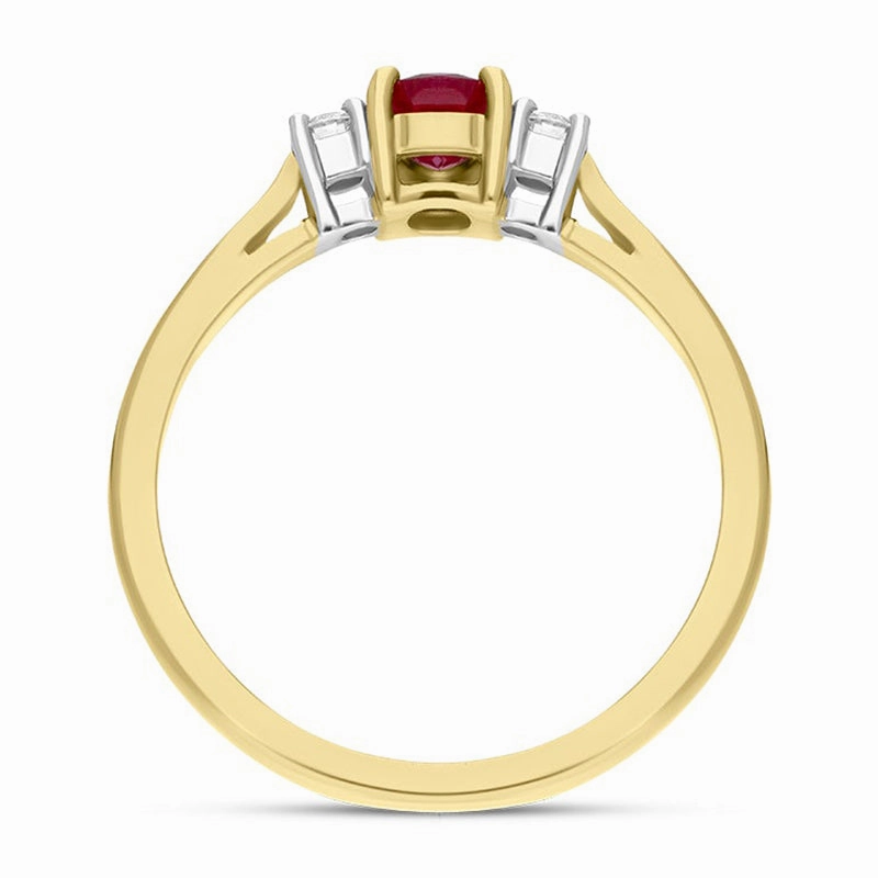 18ct Yellow Gold Ruby Diamond Oval Cut Three Stone Ring