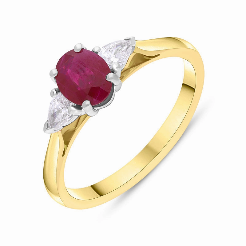 18ct Yellow Gold Ruby Diamond Oval Cut Three Stone Ring