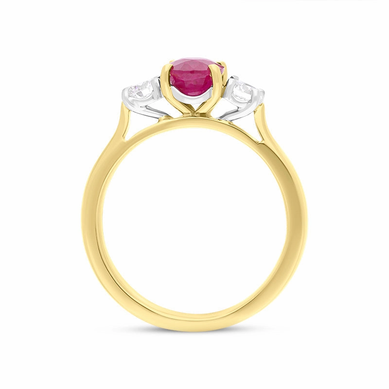 18ct Yellow Gold Ruby Diamond Oval Cut Three Stone Ring