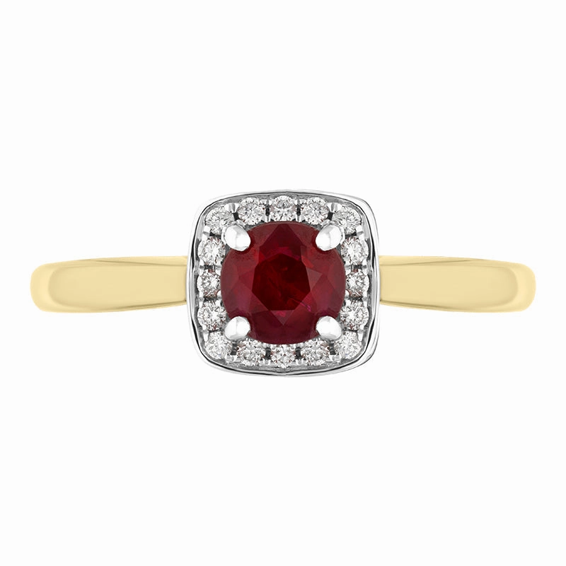 18ct Yellow Gold Ruby Diamond Pave Vintage Style Cushion Cluster Ring
