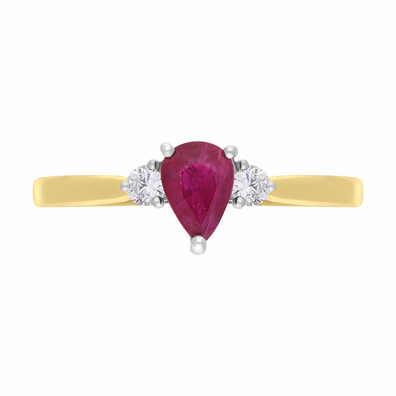 18ct Yellow Gold Ruby Diamond Pear Cut Three Stone Ring