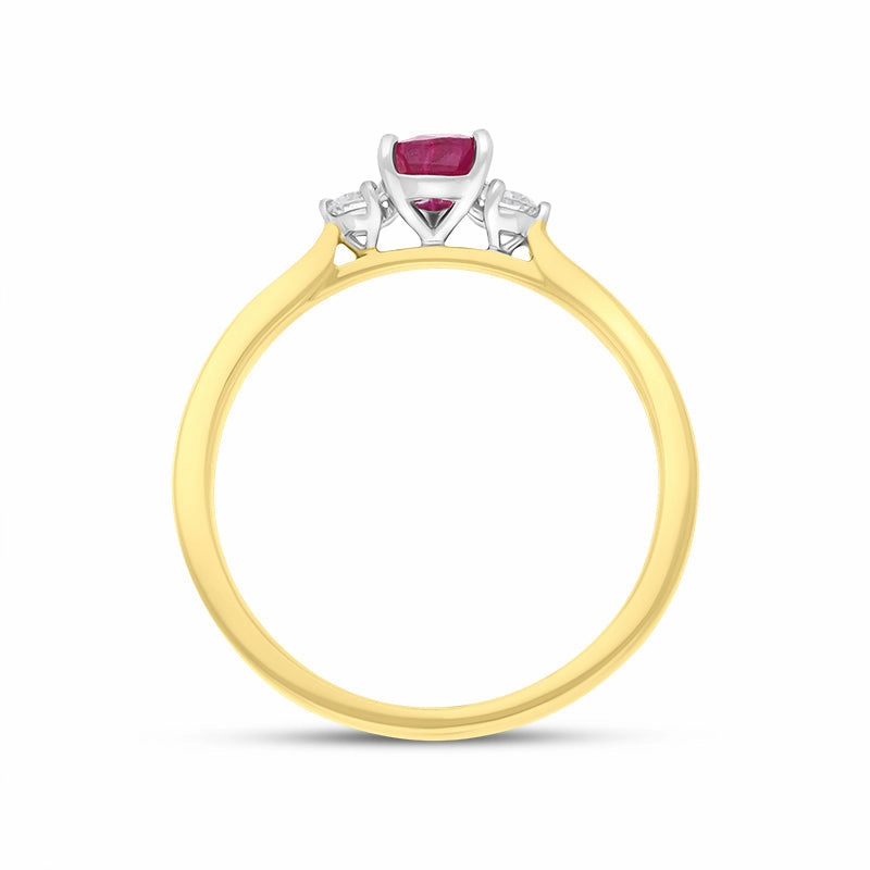 18ct Yellow Gold Ruby Diamond Pear Cut Three Stone Ring