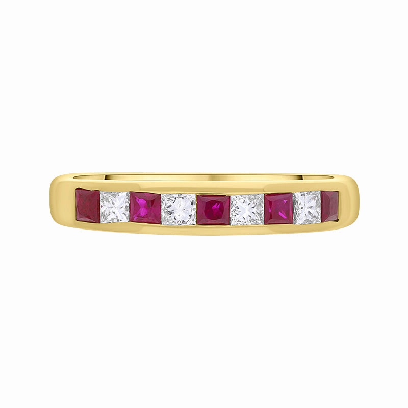 18ct Yellow Gold Ruby Diamond Princess Cut Channel Set Eternity Ring