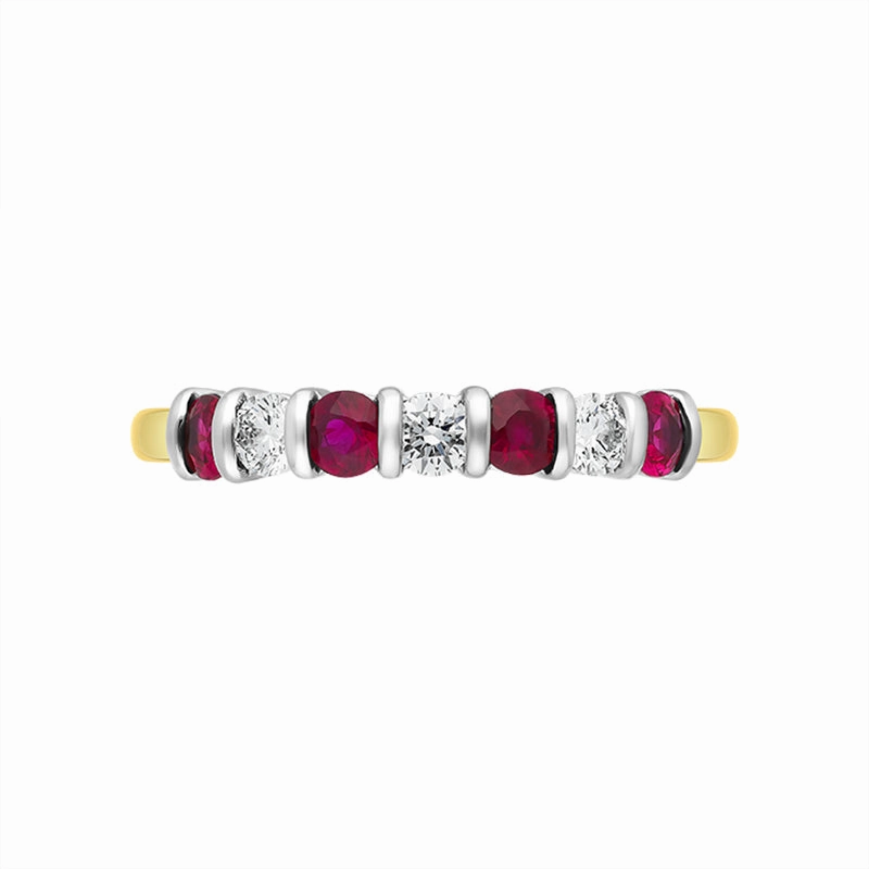 18ct Yellow Gold Ruby Diamond Seven Stone Bar Set Ring