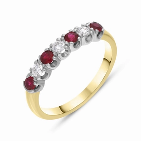 18ct Yellow Gold Ruby Diamond Seven Stone Half Eternity Ring