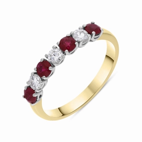 18ct Yellow Gold Ruby Diamond Seven Stone Half Eternity Ring