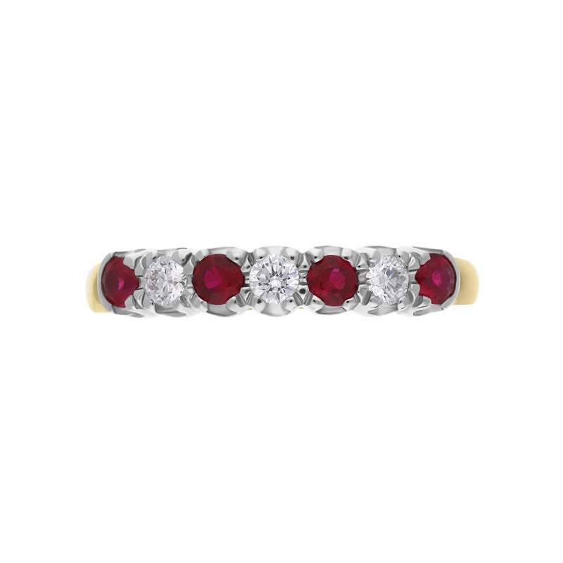 18ct Yellow Gold Ruby Diamond Seven Stone Half Eternity Ring
