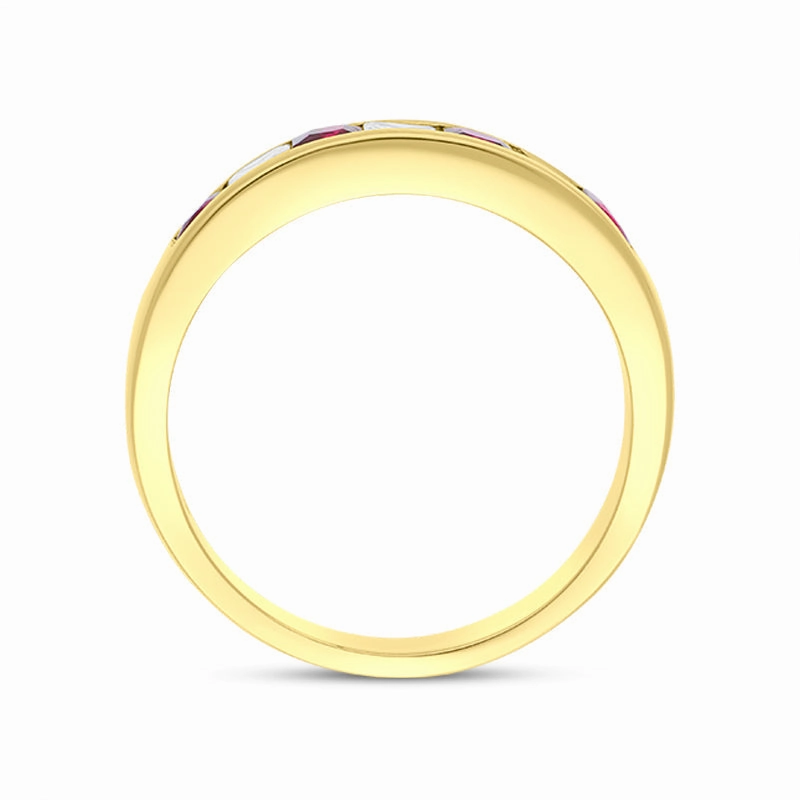 18ct Yellow Gold Ruby Diamond Seven Stone Princess Cut Channel Set Ring